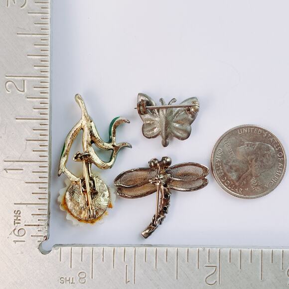 VTG Lot of 3 Mid Century Brooches Rhinestone Enamel Insect Floral Pins - Picture 9 of 16